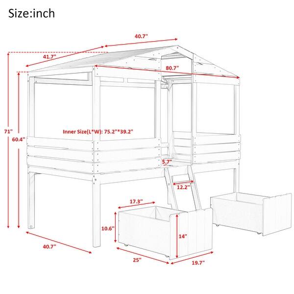 Twin Low Loft House Bed wSemi-enclosed Roof, Drawers, Windows, Ladder