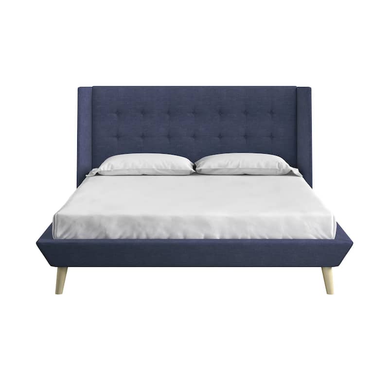 Queen Upholstered Bed with Tufted Wingback Headboard and Wooden Frame