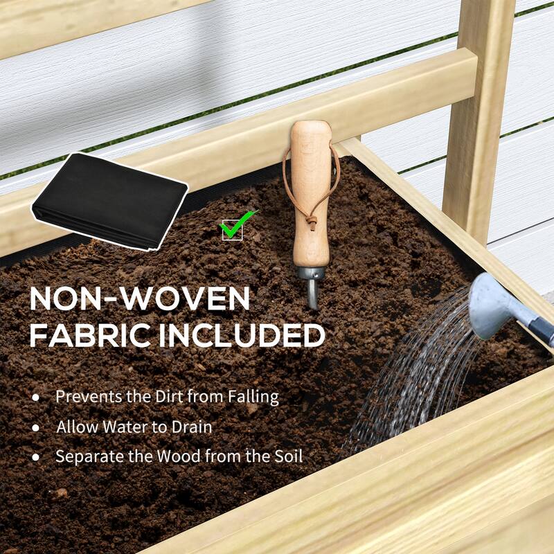 Outsunny Wooden Raised Garden Bed w/ Trellis, Elevated Planter Box w/ Storage Shelf, Drainage Holes & Liner, Outdoor Flower Box