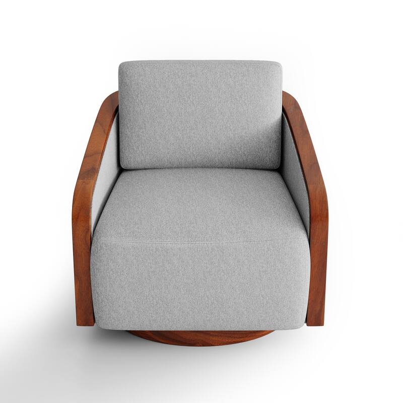 Upholstered Swivel Barrel Chair with Curved Wood Arms