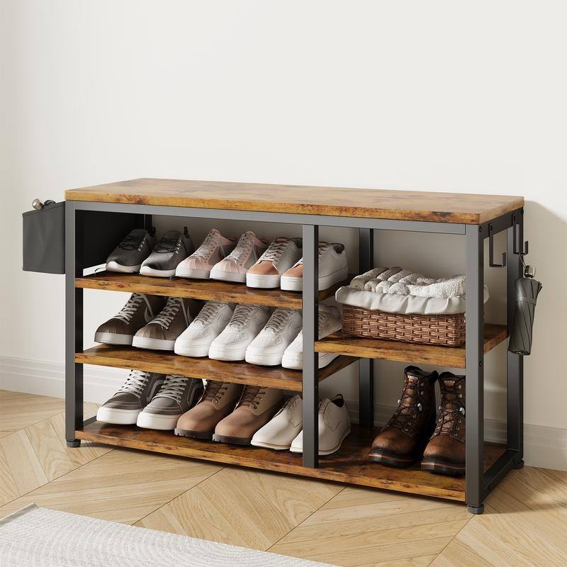 Industrial Hall Tree with 6 Hooks, Entryway Bench with Shoe and Coat Racks