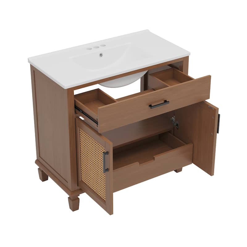Roomfitters 36" Rattan Bathroom Vanity with Ceramic Sink, Modern Cabinet with Soft-Close Doors and Storage units