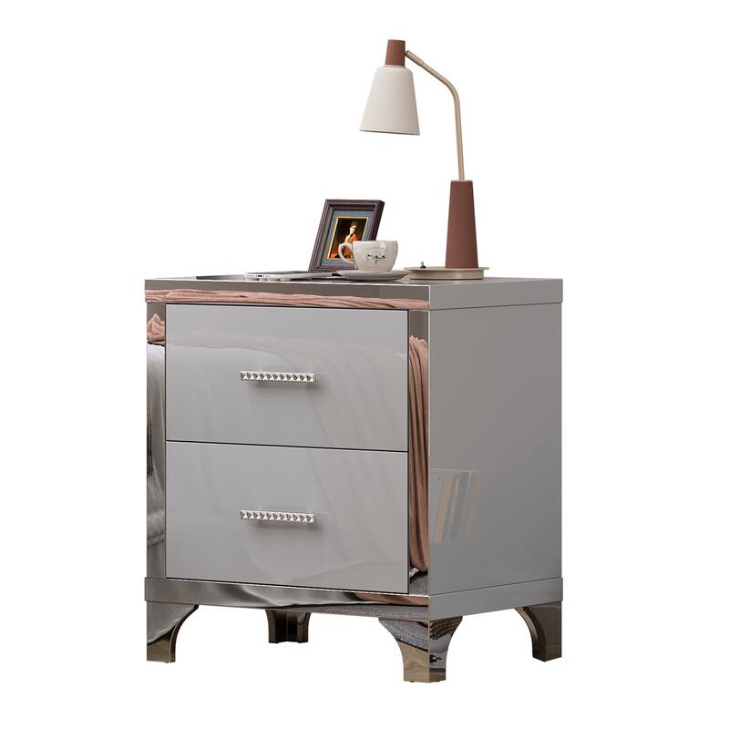 High Gloss Mirrored Nightstand with 2 Drawers,Modern End Table with Drawers,Mirrored High Gloss Wood Nightstand Metal Handle