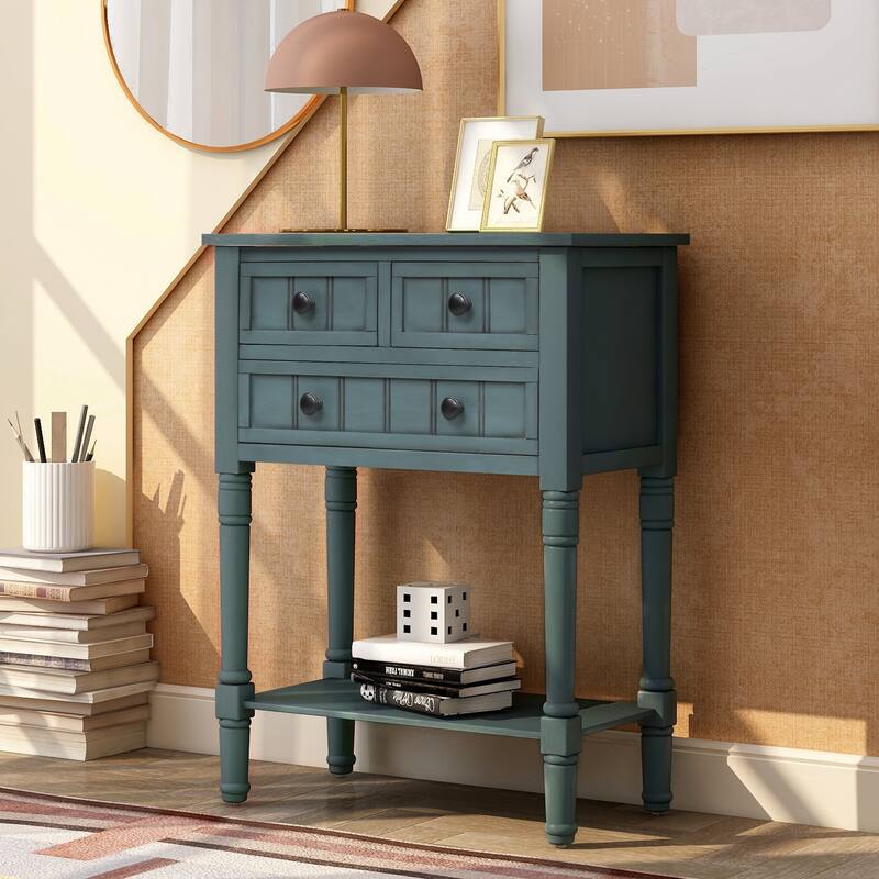 Narrow Console Table Slim Sofa Table with 3 Drawers and Bottom Shelf - Navy Blue