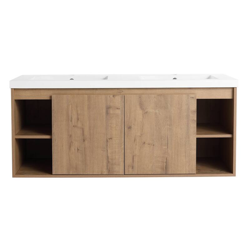 48 Inch Plywood Wall-Mounted Bathroom Vanity Set in Imitative Oak with Integrated Double Resin Sink