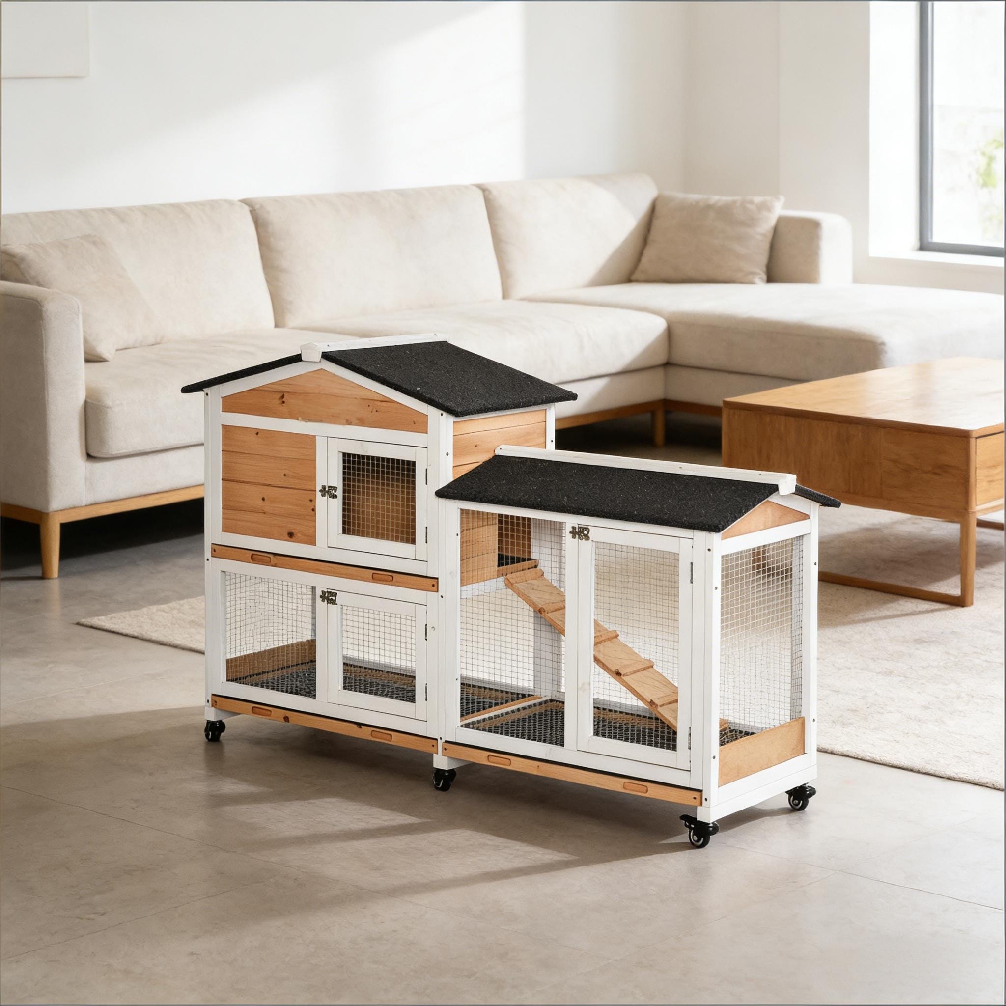 Pet Hutch,Mobile Wooden Rabbit Hutch is designed for convenient cleaning - Black,White,Yellow
