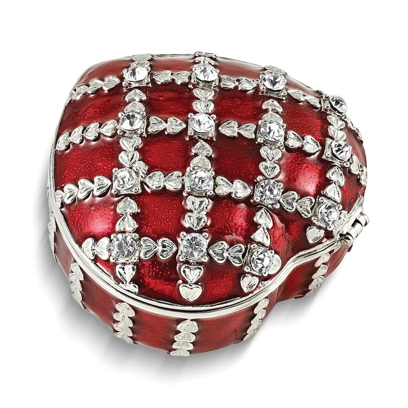 Curata Pewter Bejeweled Crystals Silver-Tone Enameled Valentine Heart Trinket Box on 18 Inch Necklace