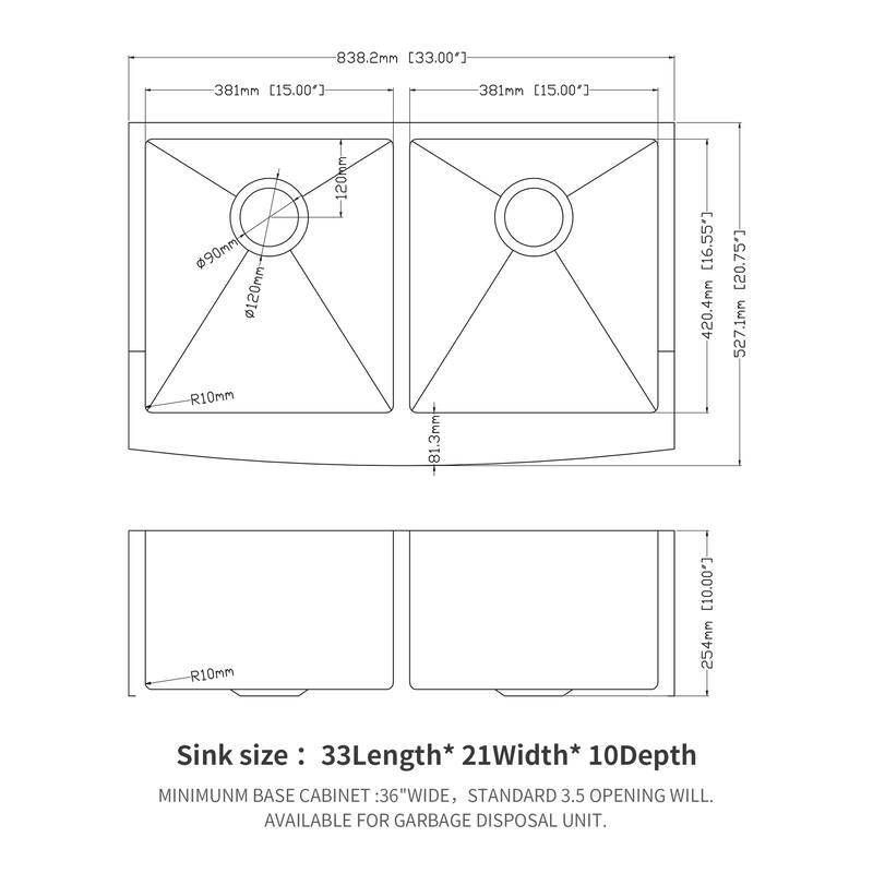 Double Bowl (50/50) Farmhouse Sink - Apron Front Kitchen Sink 16 Gauge with Two 10" Deep Basin