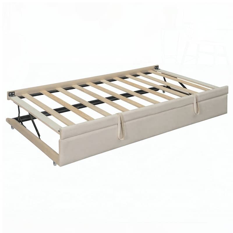 Upholstered Daybed with Trundle and Storage Shelves