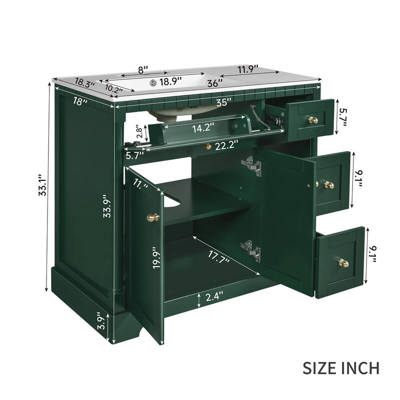 36" Modern Bathroom Vanity Set - Includes Countertop, Adjustable Shelf, Soft-Close Doors, 3 Drawers & Tip-Out Tray‌