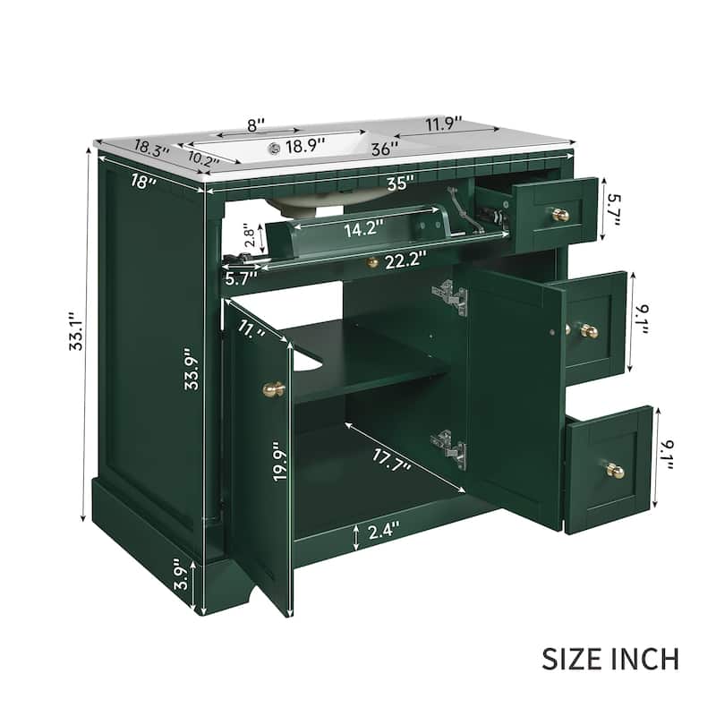 Roomfitters 36 Inch Bathroom Vanity with Sink, Modern Storage Cabinet with Adjustable Shelf and Drawers, Green