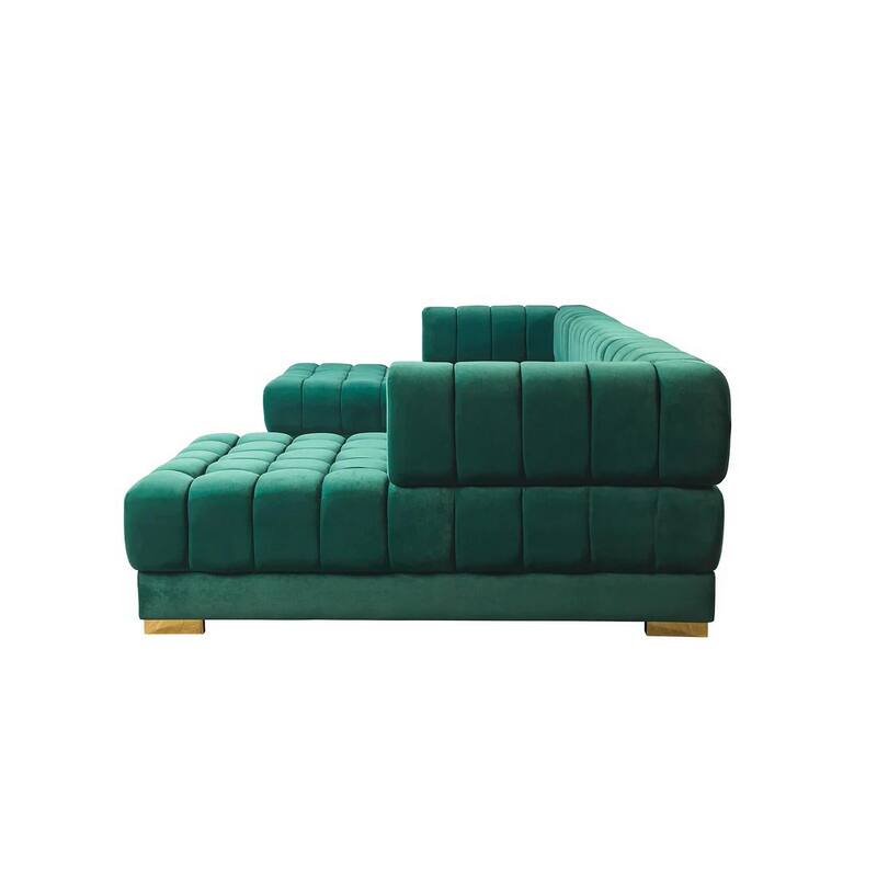 HomeRoots Green Velvet U Shaped Three Piece Sofa and Chaise Sectional With Toss Pillows