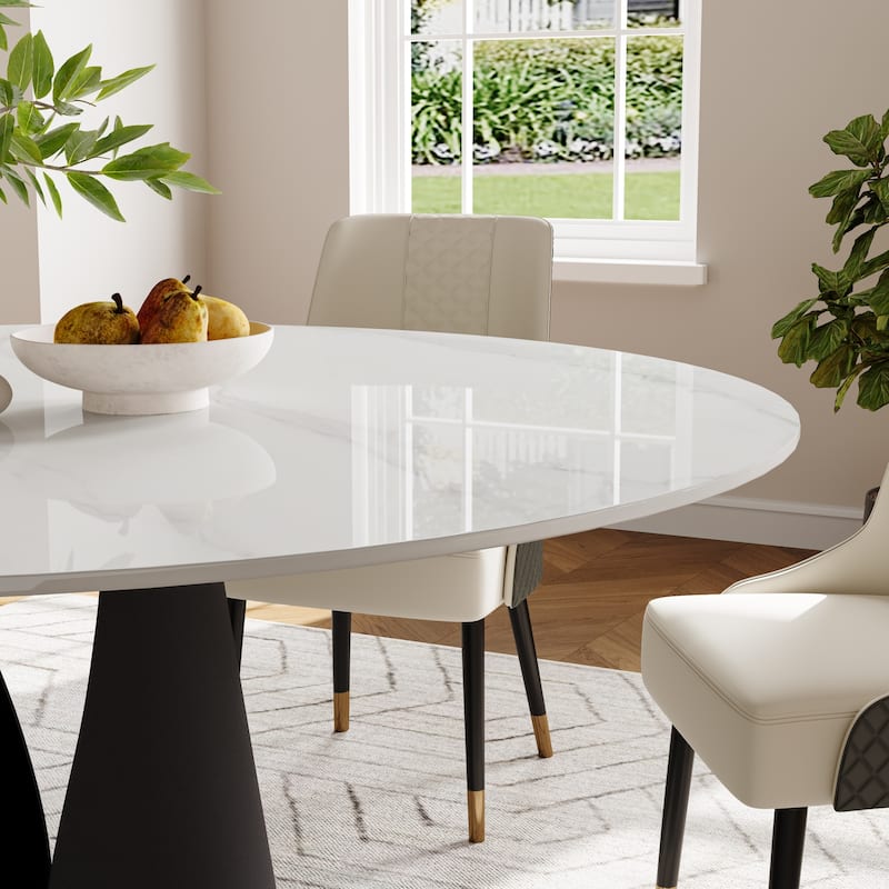 Modern Round White Dining Table, Matte Sintered Stone Tabletop, Solid Black Carbon Steel Base