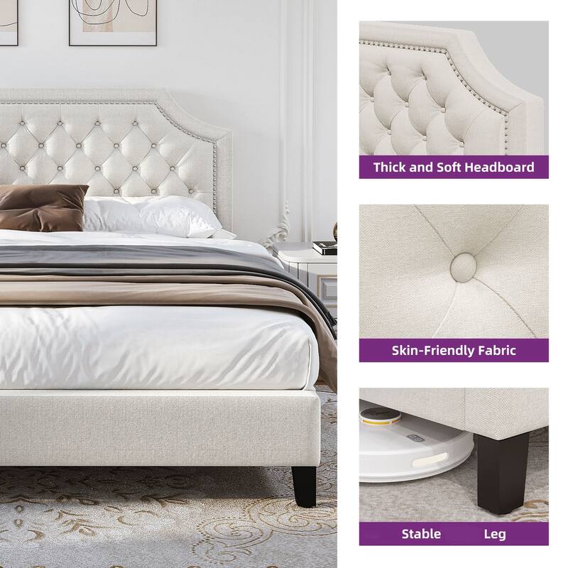 Moasis Button-Tufted Linen Upholstered Platform Bed with Adjustable Headboard
