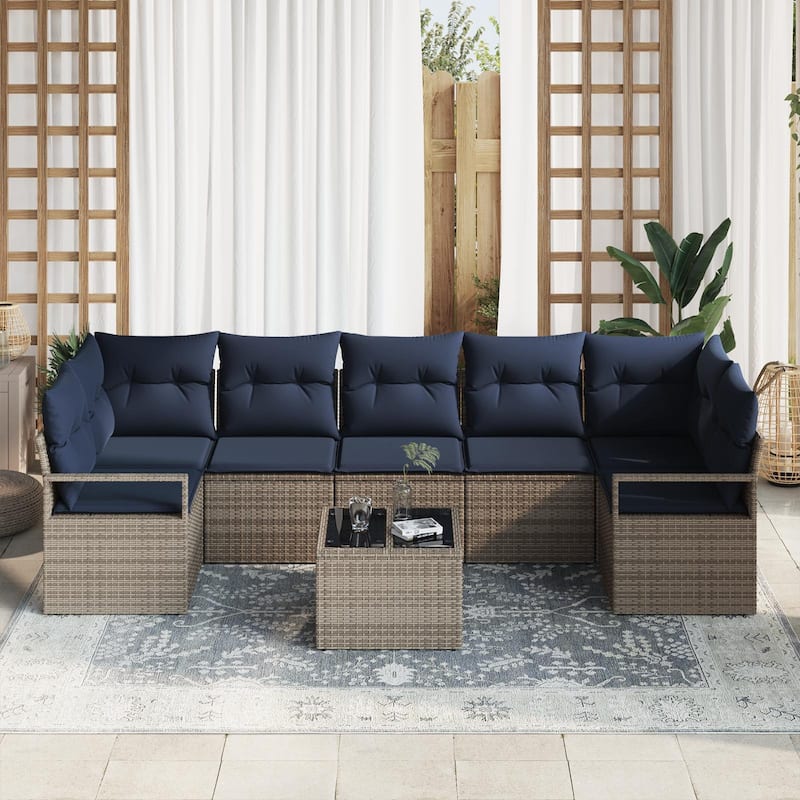 vidaXL 8 Garden Sofa Set with Cushions Black/Brown/Grey Poly Rattan - 113.8 x 48 x 27.2