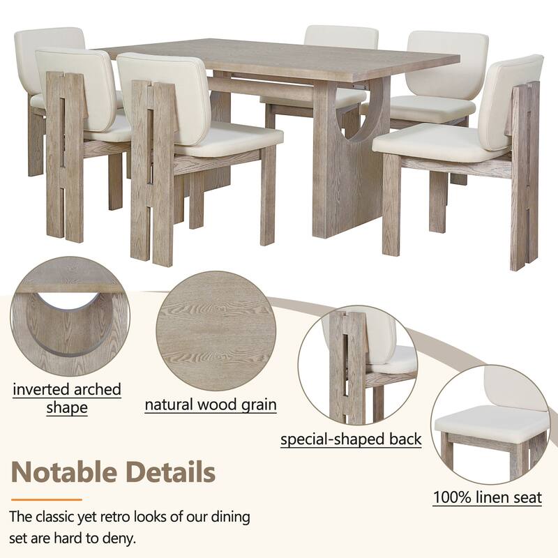 7-Piece Wood Kitchen Dining Table Set, Unique Chair Legs, 1 Rectangular Table with Designed Trestle Base & 6 Upholstered Chairs