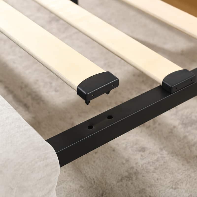 Thick Fabric Upholstered Bed Frame, Low Profile Storage Platform Bed with 4 Storage Drawers, Metal Legs and Wood Slat Support