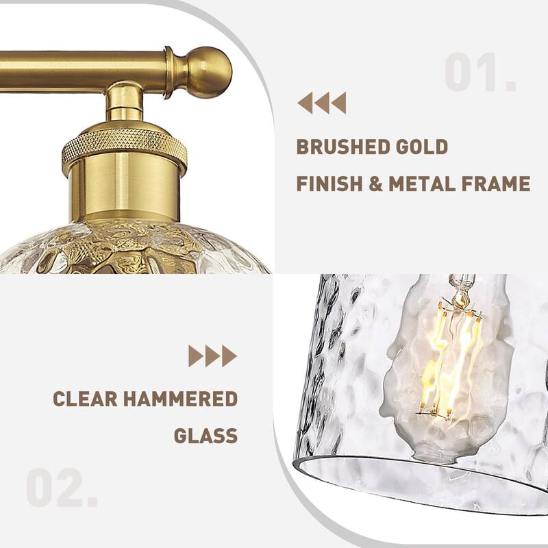 Bathroom Lighting with Clear Hammered Glass, Brushed Gold Finish