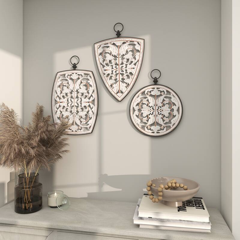 Wooden Floral Carved Design Home Wall Decor with Ring Hanger - Set of 3 White - Roche River Decor