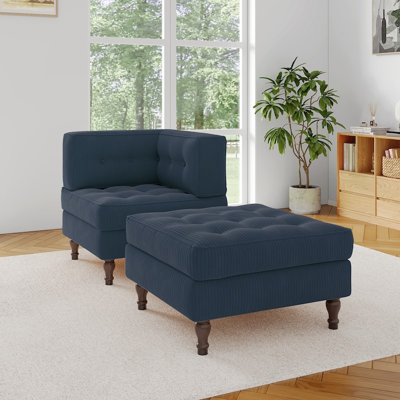 Corduroy L-shape Modular Corner Sectional Sofa with Reversible Storage Ottoman - Navy