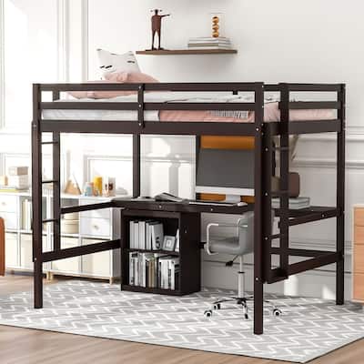 Wooden Loft Bed with Study Desk and Writing Board, Full Size Loft Bed with 2 Drawers Cabinet, Safety Guardrails and Ladder