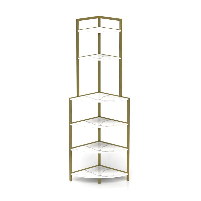 6-Tier Corner Open Shelf Bookcase Wood Rack Freestanding Shelving Unit, Plant Album Trinket Sturdy Stand Small Bookshelf