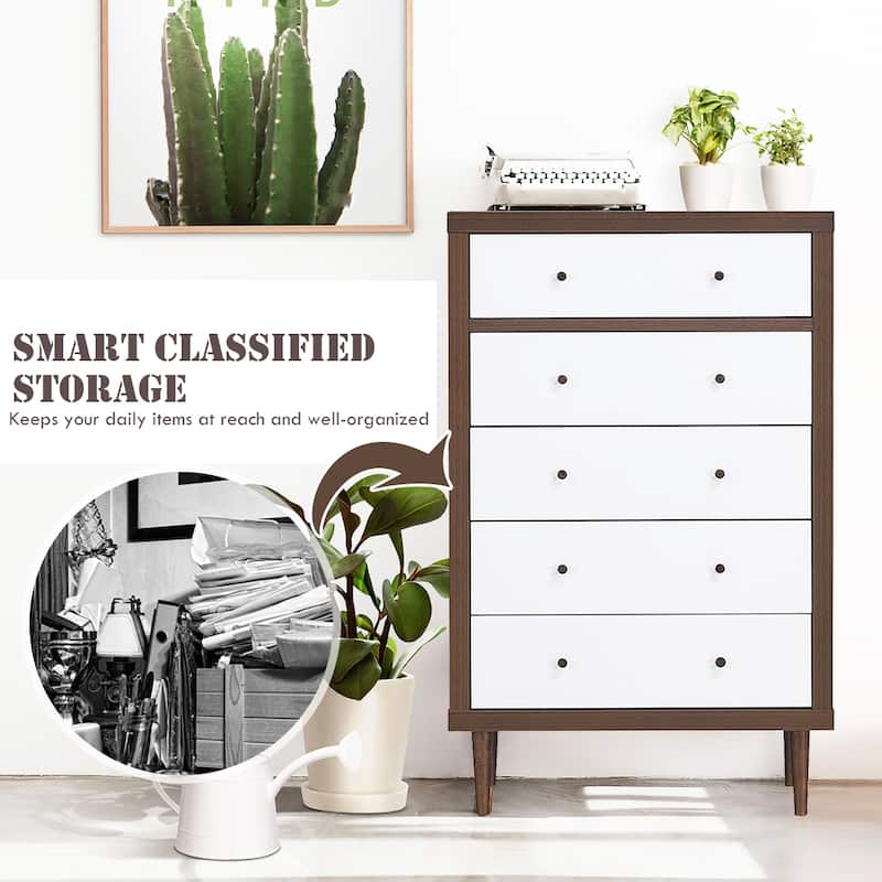 Costway 5 Drawer Dresser Wood Chest of Drawers Storage Freestanding