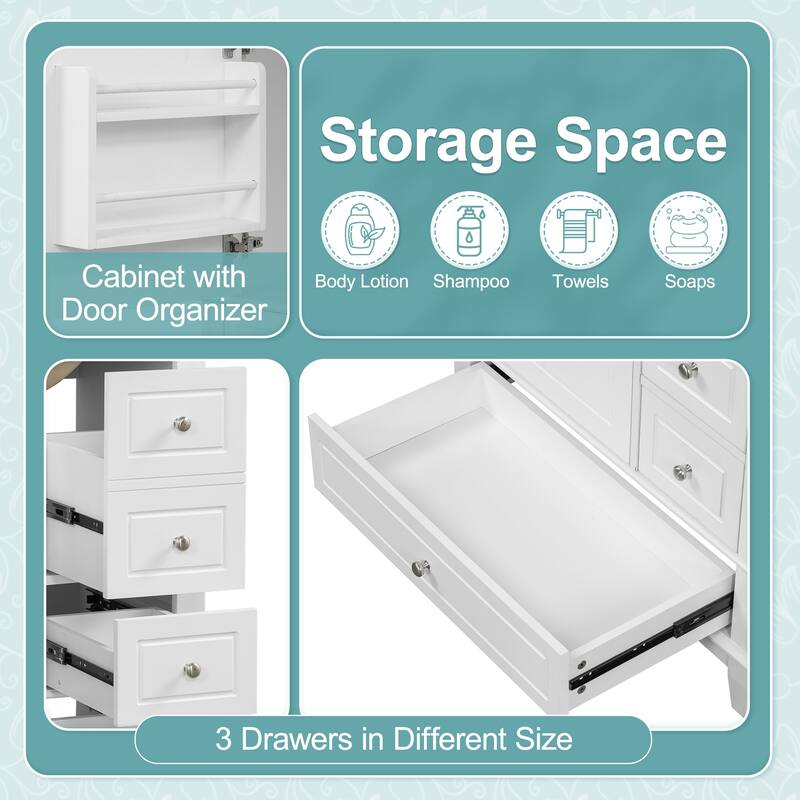30" Freestanding Bathroom Vanity with Sink, One Door Cabinet and 3 Drawers, Solid Wood Frame & MDF Board