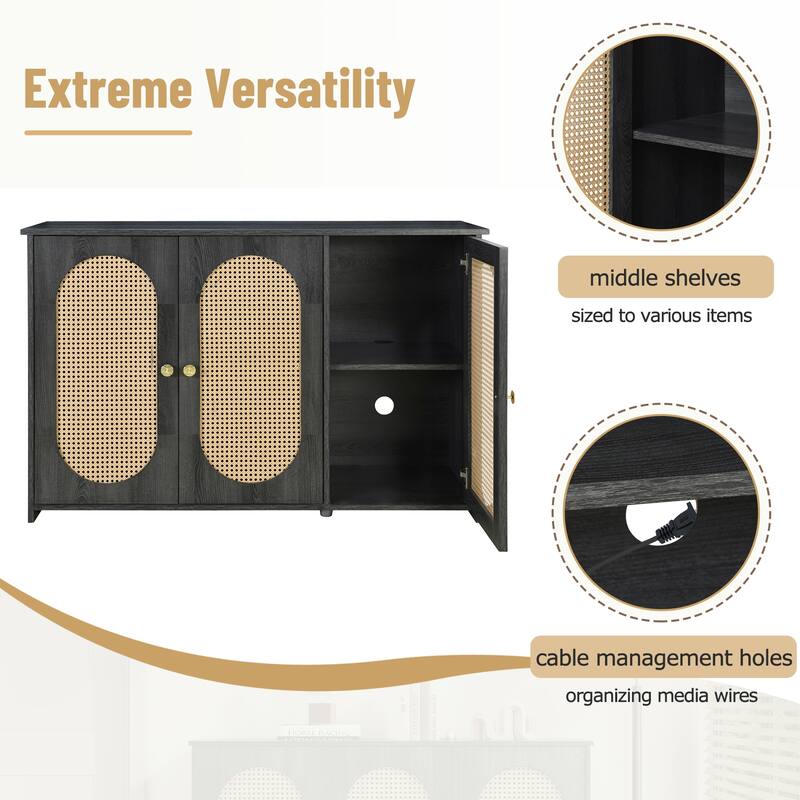 Buffet Cabinet with Artificial Rattan Doors, 3-Door Sideboard Cabinet with Shelves, Coffee Bar Cabinet with Metal Handles