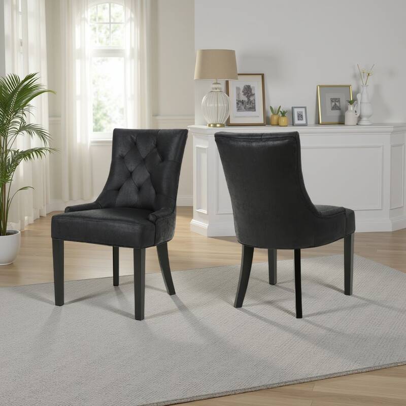 Chen Dining Chair Set of 2, Curved Back, Black Diamond Tuft Microfiber