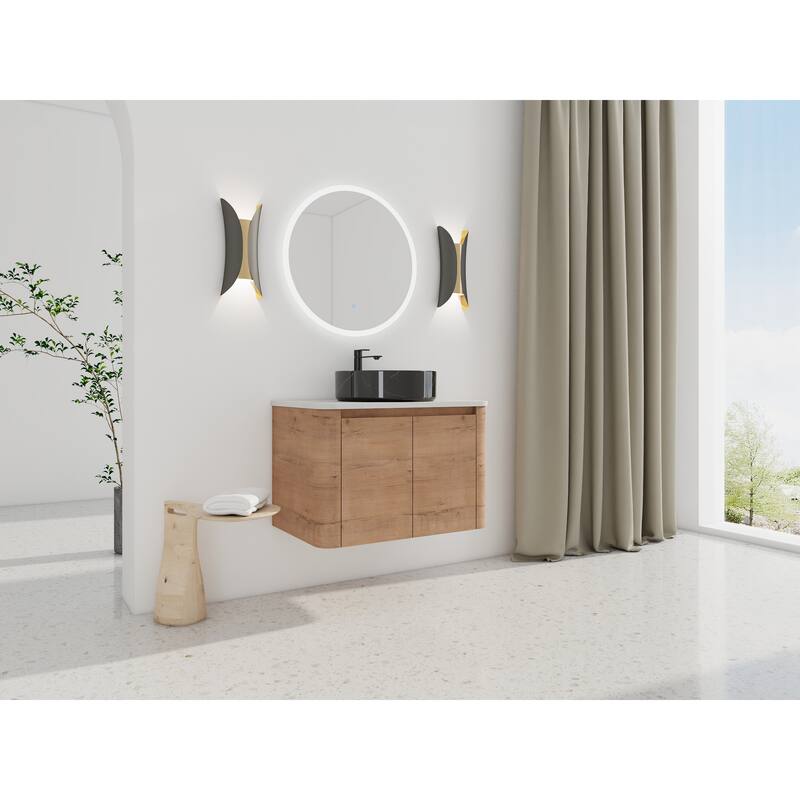 30'' Wall-Mounted Bathroom Vanity With Ceramic Art Sink & 2-Soft-Close Door, KD-Packing, Plywood