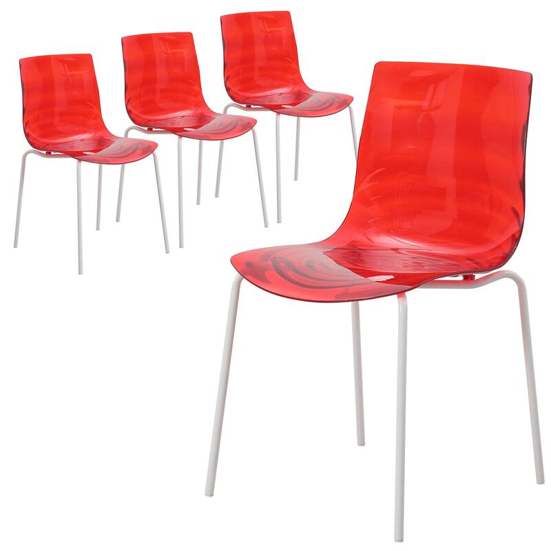 Ergonomic Dinning Chair Ripple Design in White Base Seat Set of 4 - Red