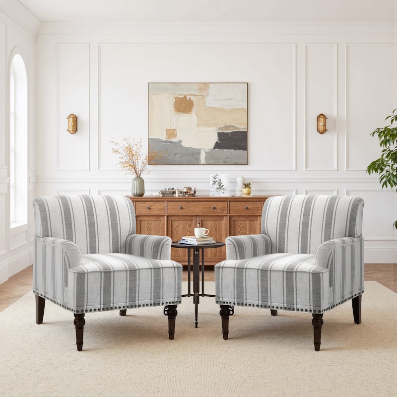 Set of 2 Stripe Linen Accent Arm Chairs with Nailhead Trim and Wood Legs - GRAY