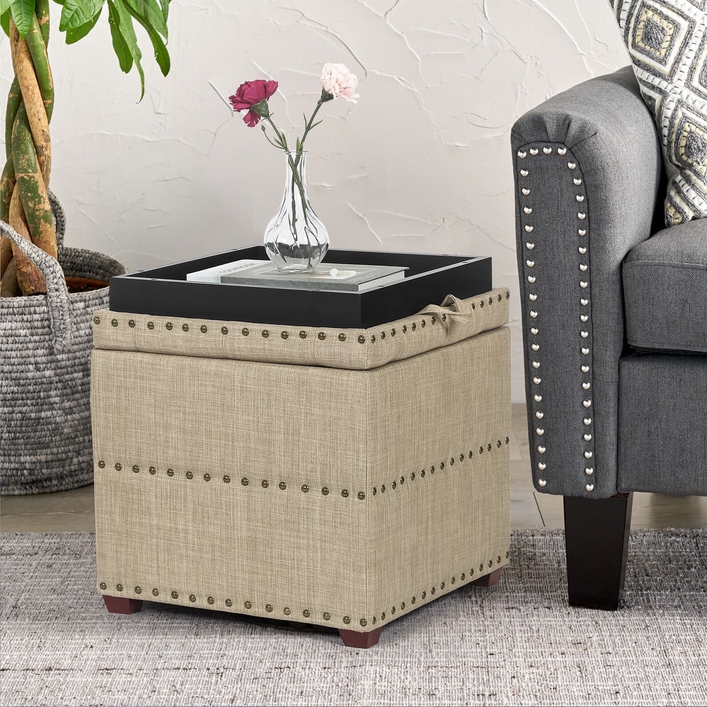 Adeco Fabric Square Storage Ottoman with Tray