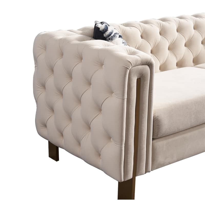 84.25" Luxurious Tufted Velvet Upholstered 3-Seater Sofa with Golden Metal Armrest Design and Buttoned Tufted Backrest