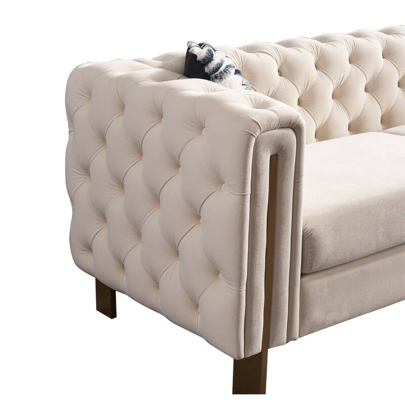 Velvet Tufted Sofa with Gold Metal Legs & Toss Pillows - 84" Width