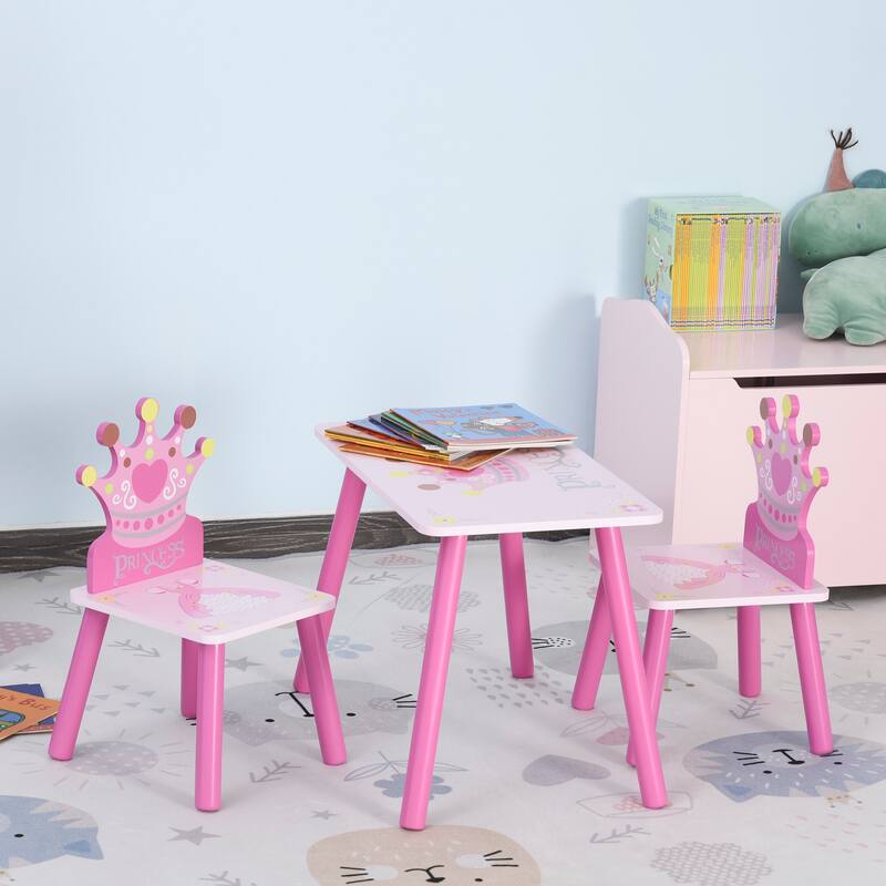 3-Piece Kids Wooden Table and Chair Set with Crown Pattern Gift for Girls Toddlers Arts Reading Writing Age 2-4 Years