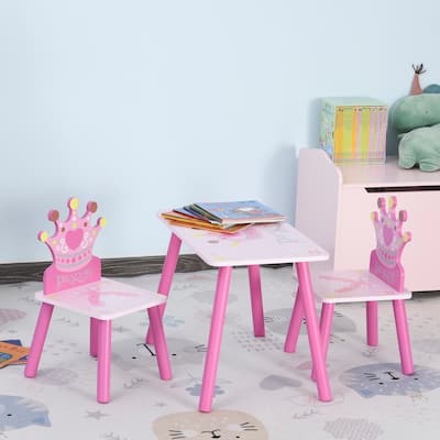 Pink Wooden Kids Table and Chair Set 3 Piece Crown Design Playroom Furniture for Toddlers - 21.75" x 13.5" x 16.5"