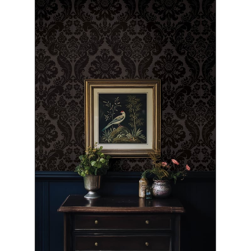 A-Street Prints Shadow Black Flocked Damask Wallpaper