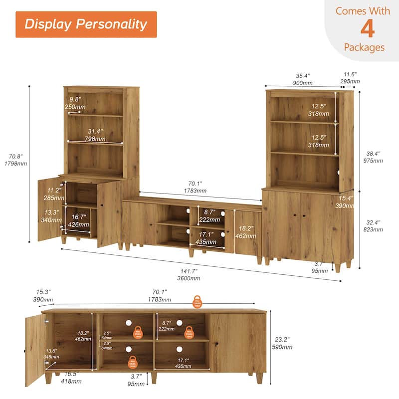 WAMPAT TV Stand and Bookcase Set with Cabinets & Shelves for 75" TVs