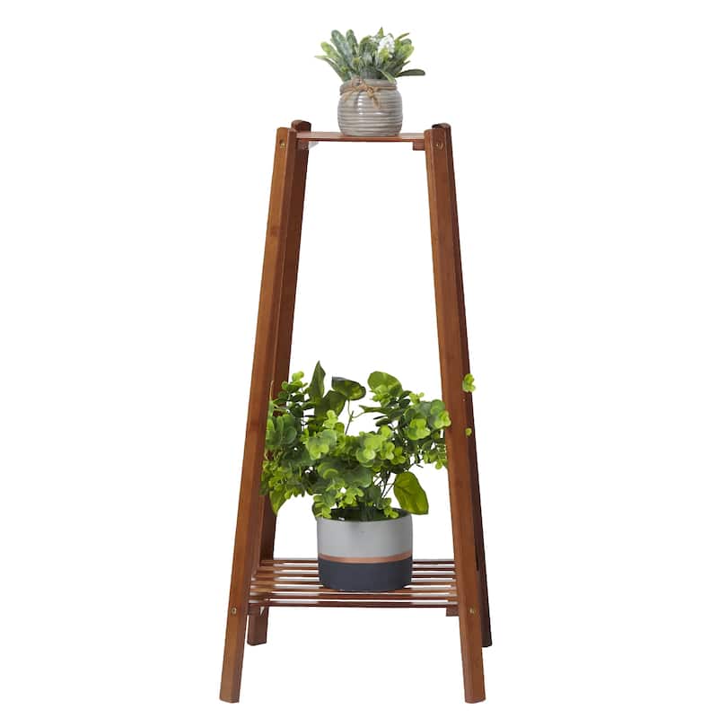 2 Tiers Potted Bamboo Flowers Stand Corner Plant Rack