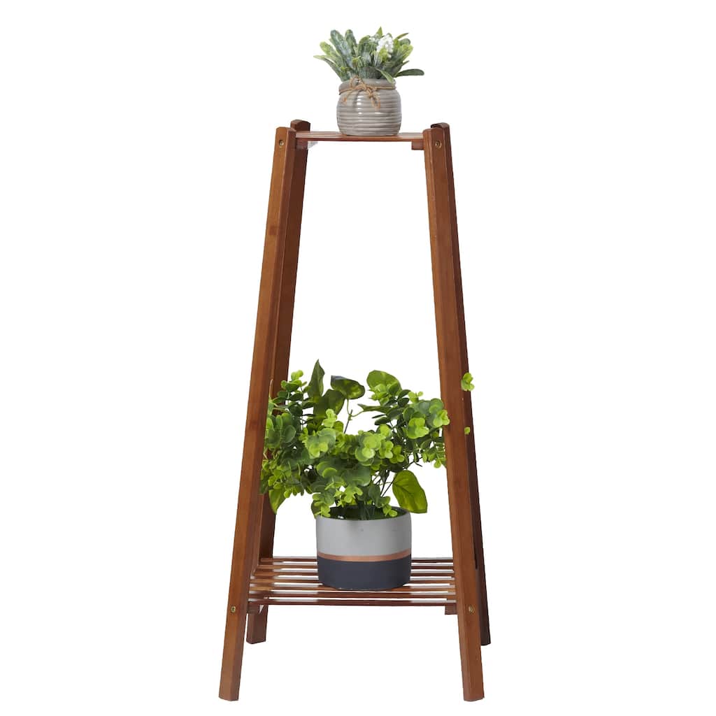 2 Tiers Potted Bamboo Flowers Stand Corner Plant Rack