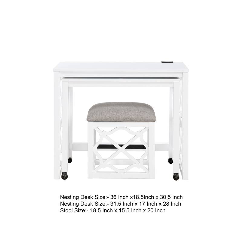 Syna 3 Piece Nesting Desk and Stool Set, White Wood, Gray Polyester