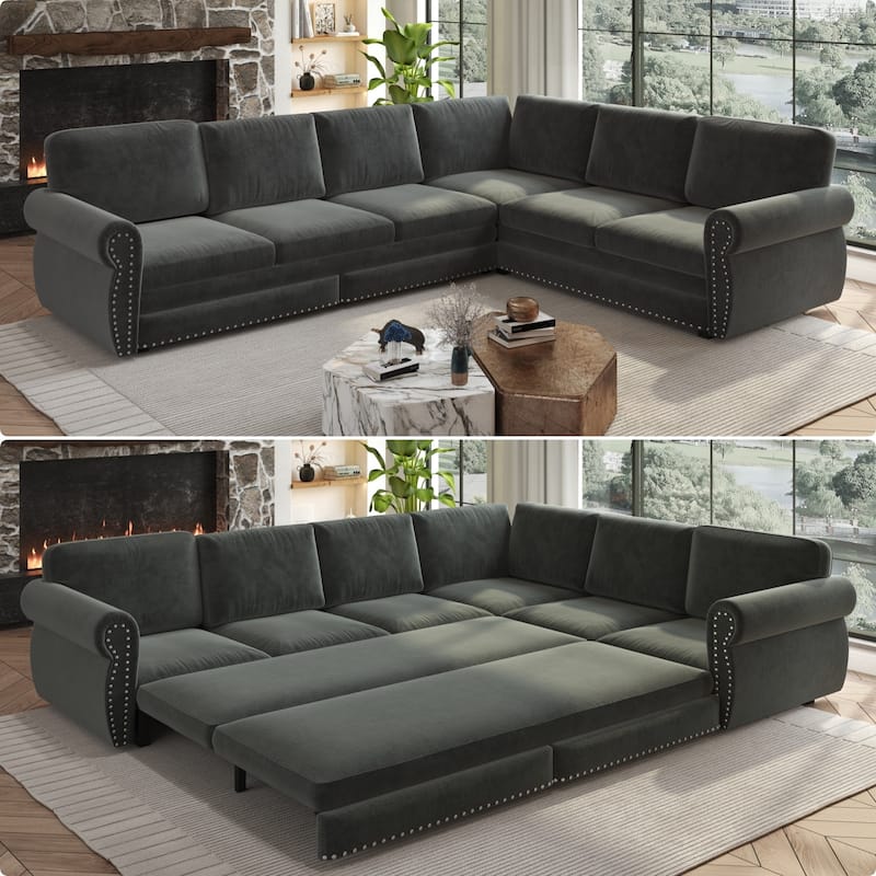 118" L-Shaped Sofa Couch with Pull-Out Bed with Nailhead Trim & Rolled Arm - 118"L x 86.6"W x 36.3"H