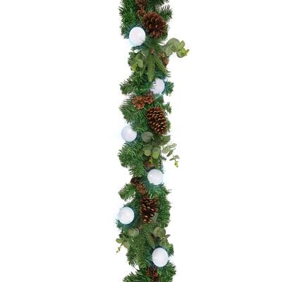 6ft Artificial Mixed Pine Cone Eucalyptus & Pine Christmas Garland with Woven Globe String Light Set - 72" L x 7" W x 5" DP