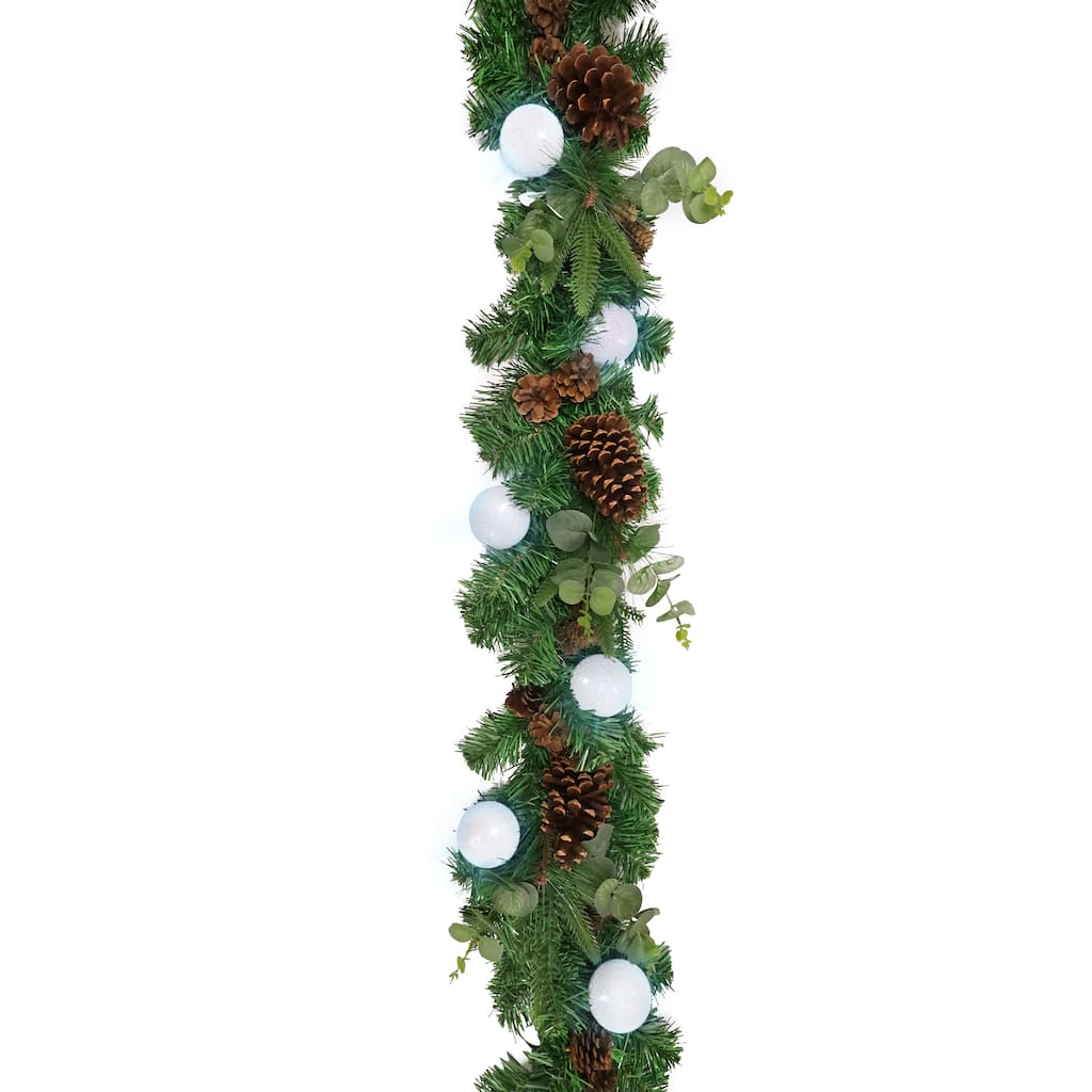 6ft Artificial Mixed Pine Cone Eucalyptus & Pine Christmas Garland with Woven Globe String Light Set - 72" L x 7" W x 5" DP