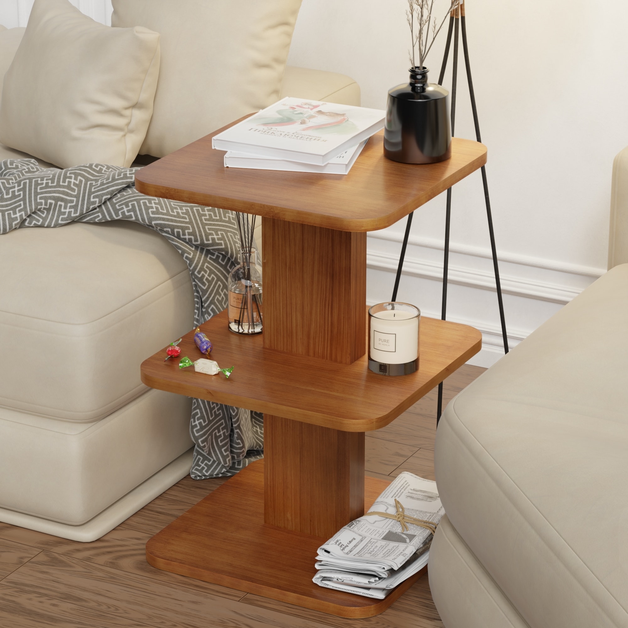 COZAYH Modern Minimalist Wooden End Table Featuring 3 Open Shelves