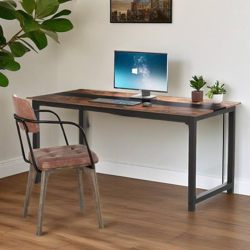 Brown-Black Steel Frame Office Desk Large Sturdy Adjustable Legs 900 lb