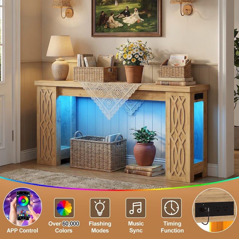 63" Farmhouse Console Table with RGB LED Lights ＆ Power Outlets, Unique Carved Design Entryway Table, Wooden Sofa Table