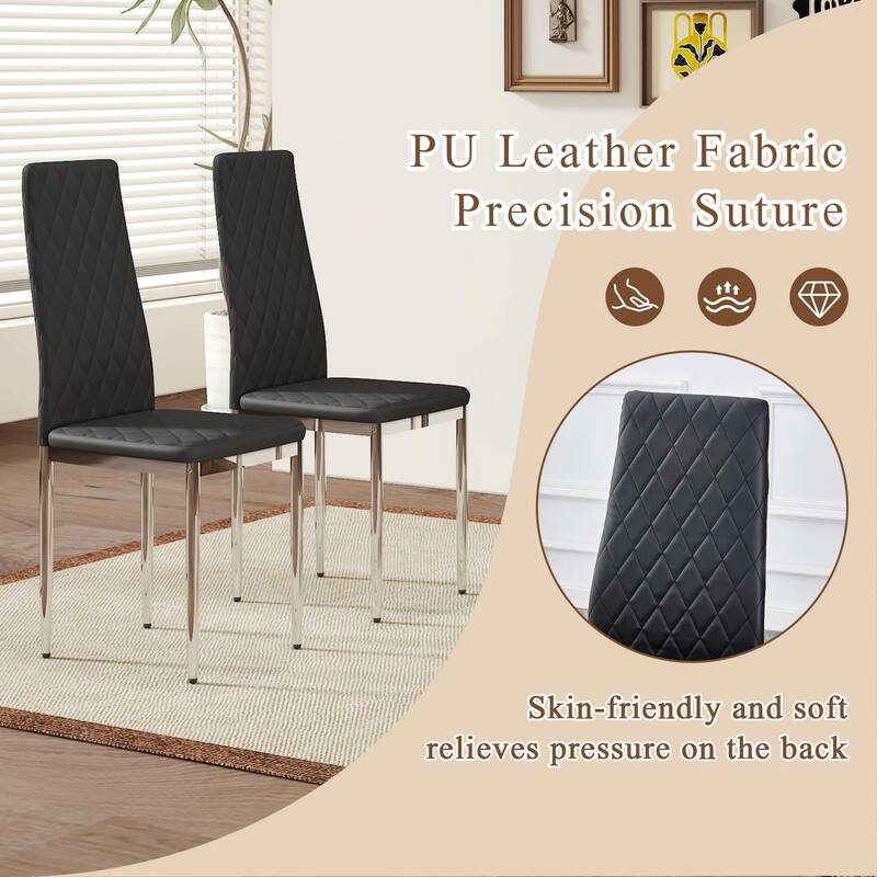 Roomfitters PU Dining Chairs with Silver Metal Legs, Modern Minimalist Seating for Dining Room, Set of 6, Black